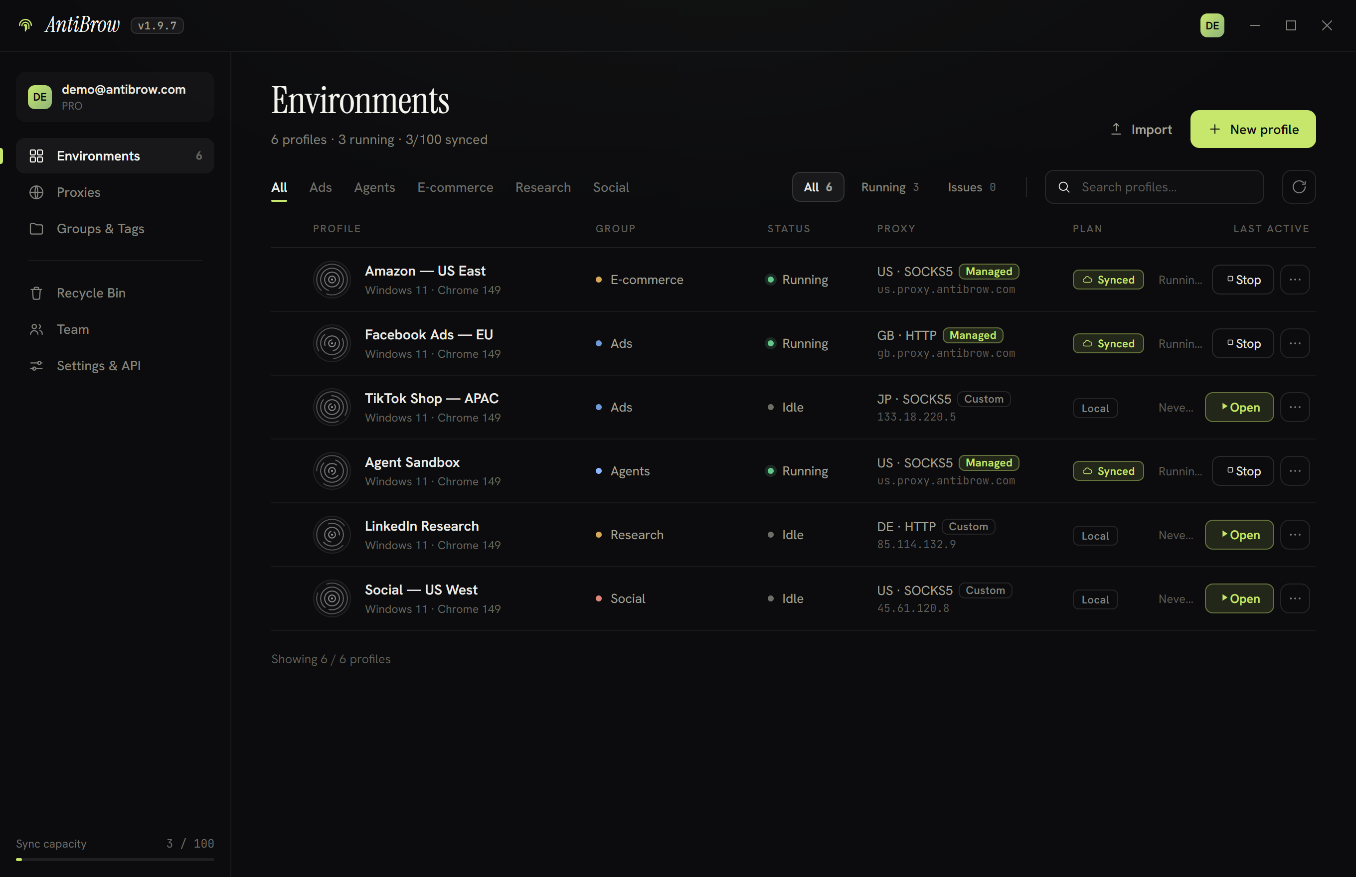 AntiBrow desktop app — the Environments view listing browser profiles, each with its own fingerprint, group, proxy binding, sync state and running status.