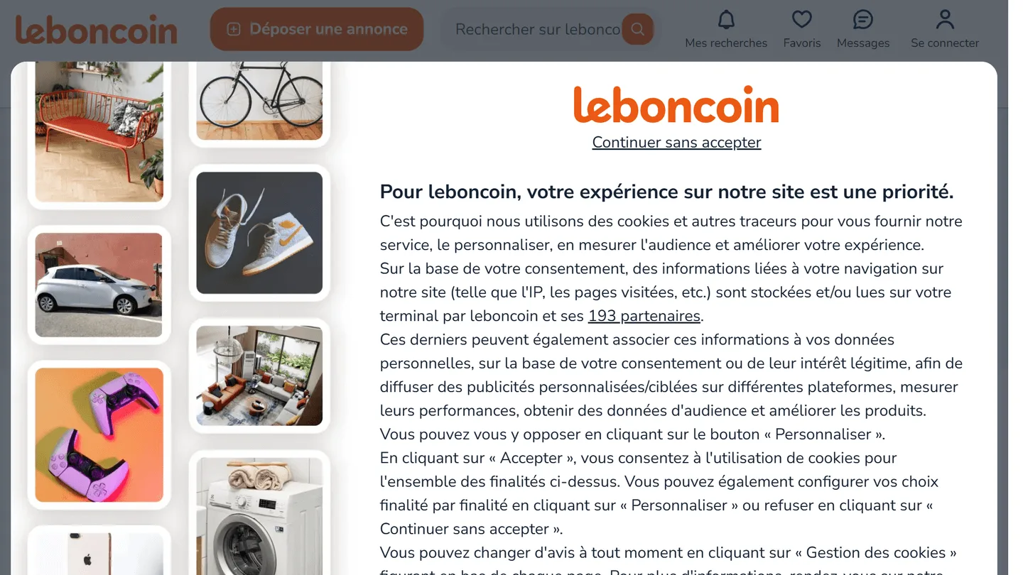 leboncoin.fr, защищённый DataDome, отдаёт настоящие объявления на более раннем снимке