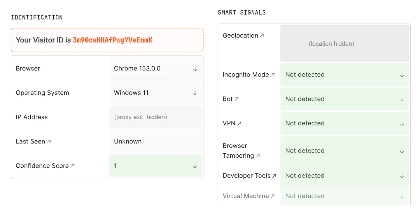Fingerprint Pro playground identifying Chrome on Windows 11, with browser tampering, developer tools and virtual machine all reported as not detected