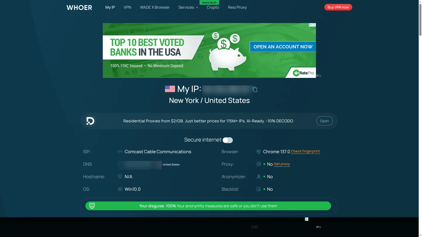 Результат Whoer.net - маскировка 100%, прокси не обнаружен, утечек DNS нет